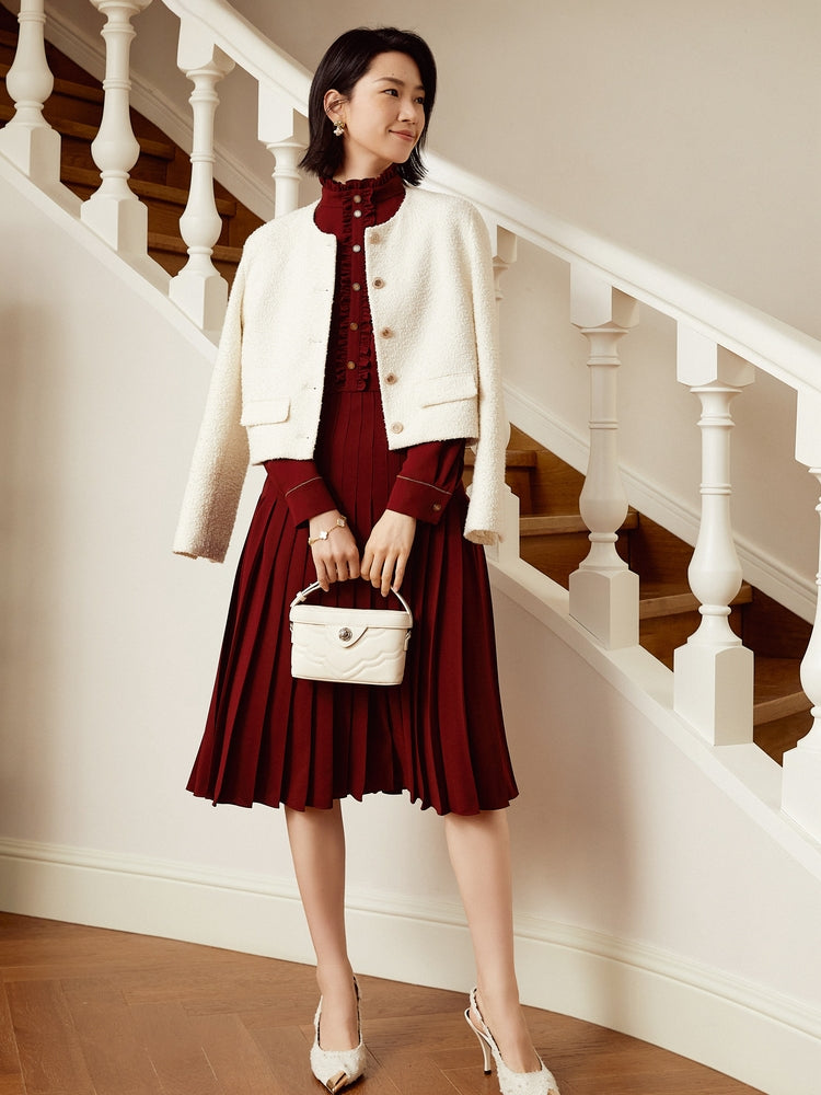 Triacetate Stand Collar Dress | Wine Red