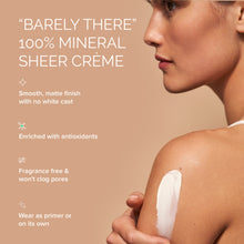 Woman applying 'Barely There' 100% mineral sheer crème on her shoulder with product details.