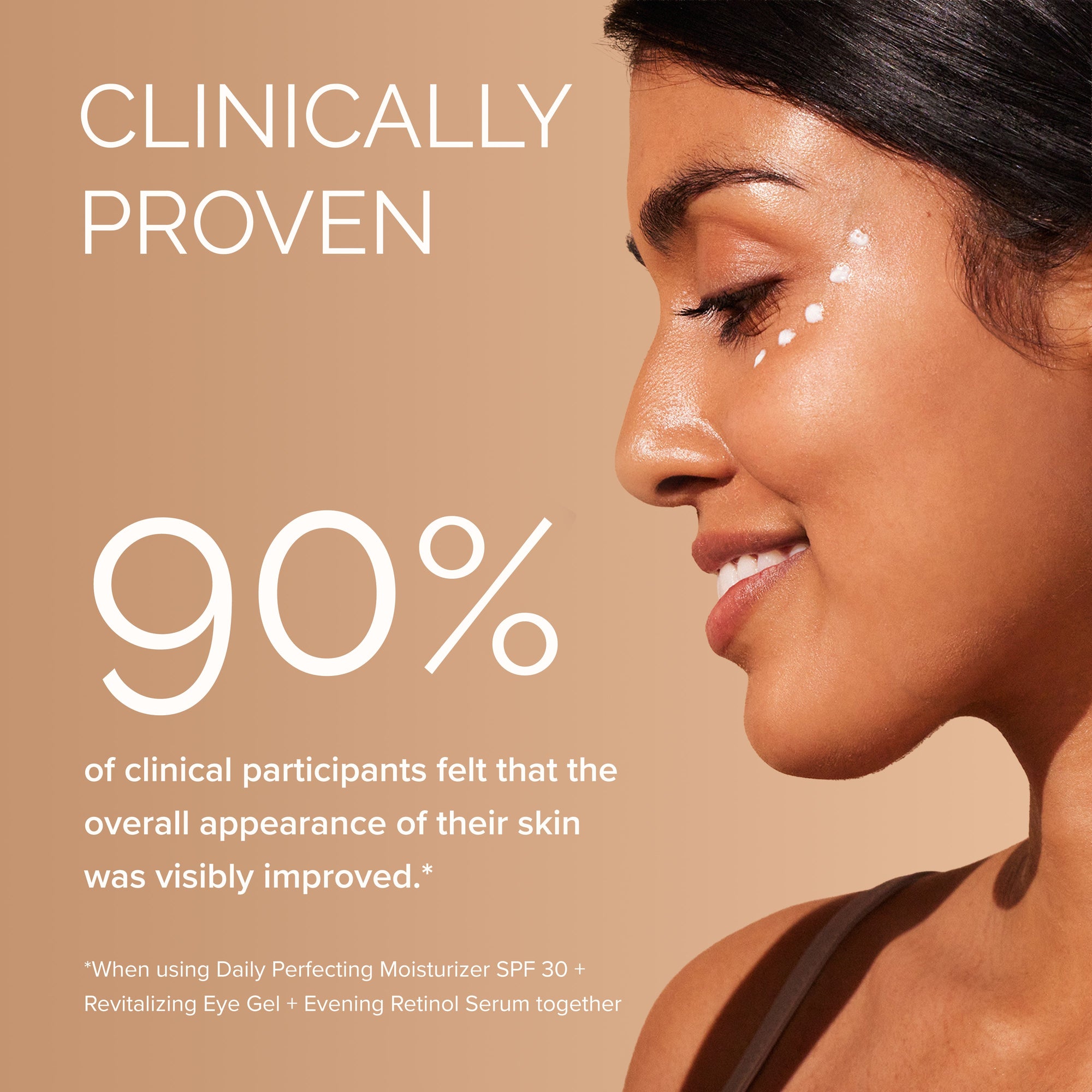 Woman with visible skin improvement with text about clinical proven results.