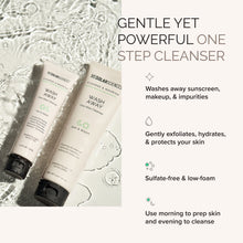 Two bottles of 'Wash Away' cleanser with text highlighting its features
