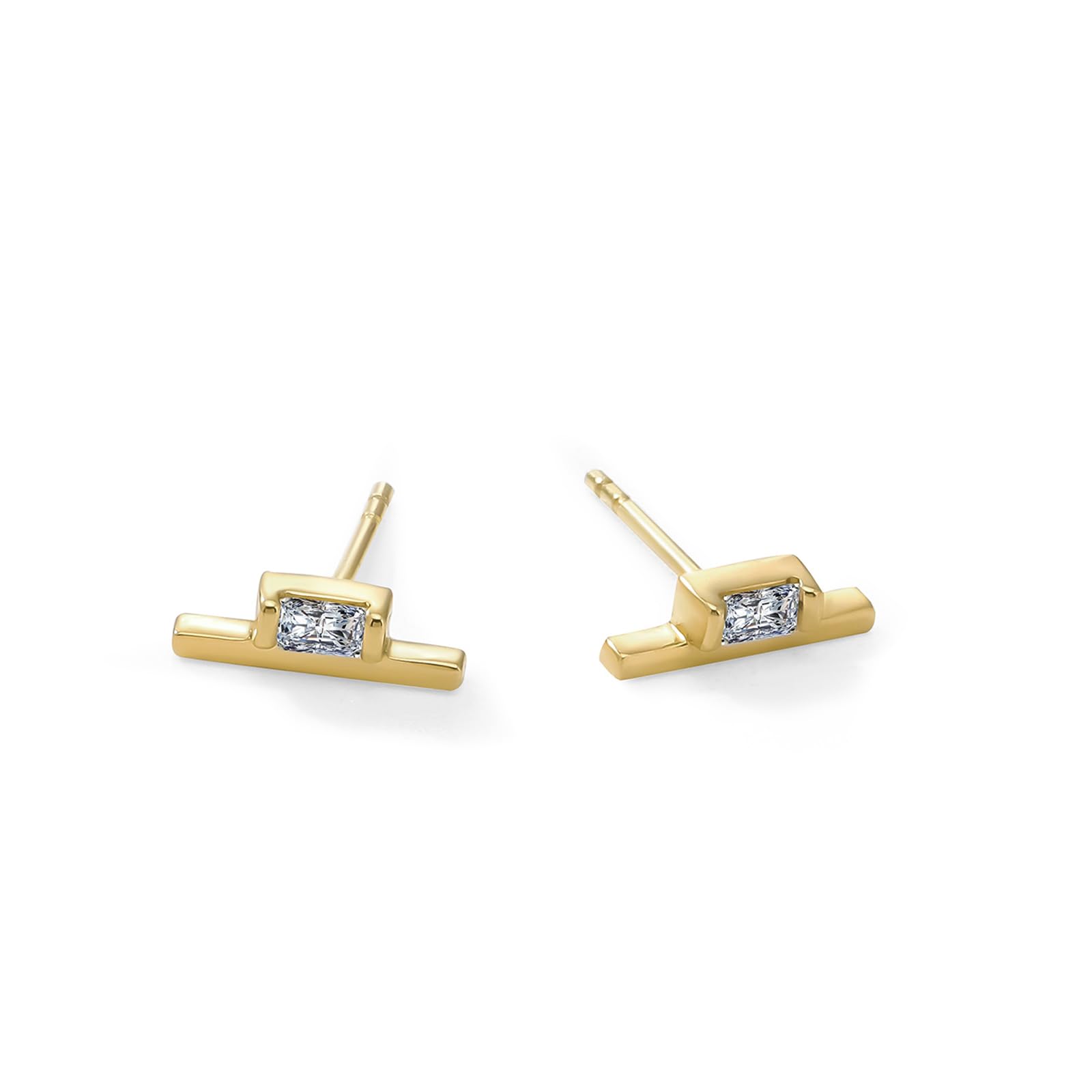 Womens | 0.09 CT  Emerald Cut Lab Grown Accent Diamond | Fashion Stud Earrings | 14K Yellow Gold Plated Silver | G-SI