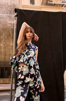 Floral Painted Cotton Flounce Hem Top | Navy Multi