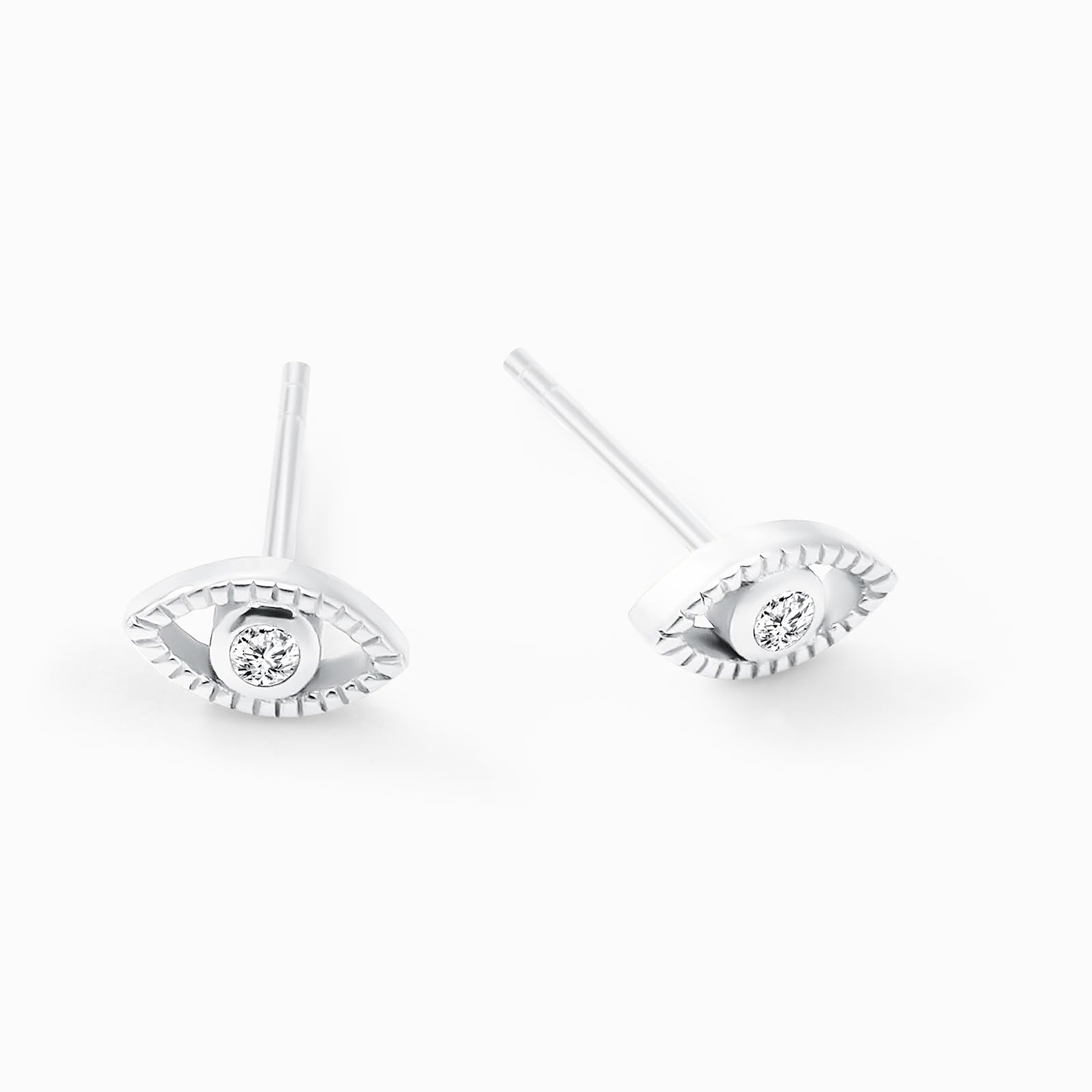 Womens | 0.03 CT Round Cut Lab Grown Accent Diamond | Evil Eye Stud Earrings | Sterling Silver | G-SI
