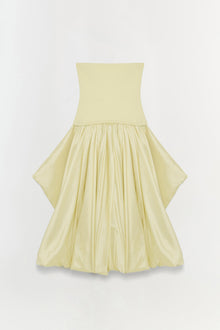 Pale yellow strapless midi dress with fitted bodice and pleated skirt.