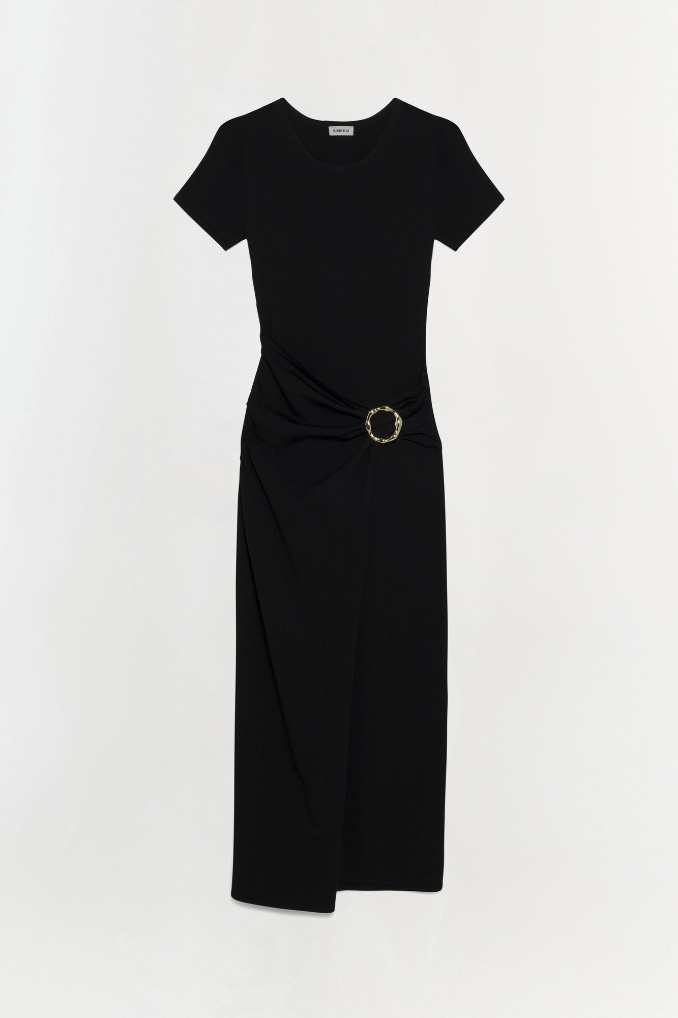 Black knit midi dress with short sleeves, V-neckline, and gold buckle detail at the waist.