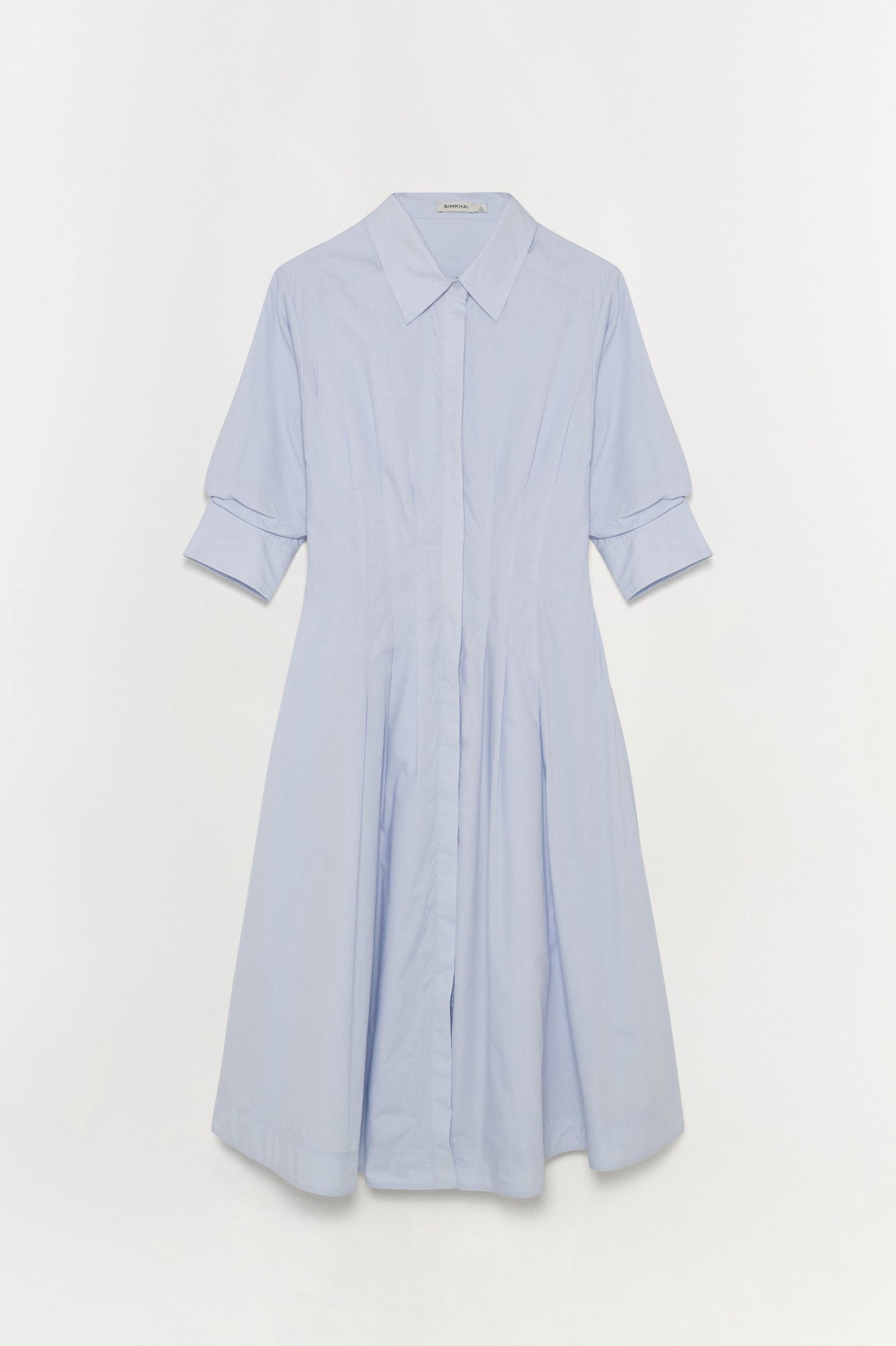 Light blue button-front midi dress with collar and three-quarter sleeves on white background.