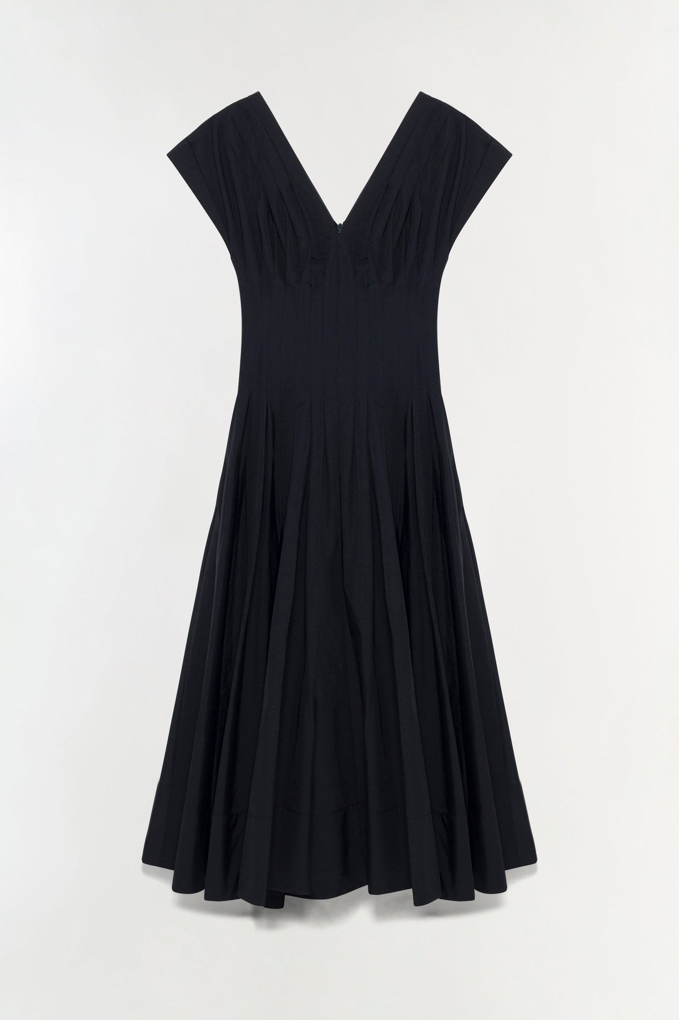 Black cotton midi dress with V-neckline, short sleeves, and pleated skirt.