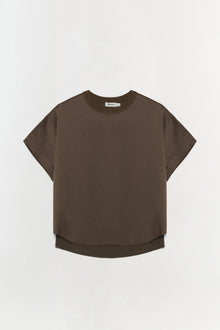 Brown satin t-shirt with short sleeves, crew neckline, and layered hem detail.