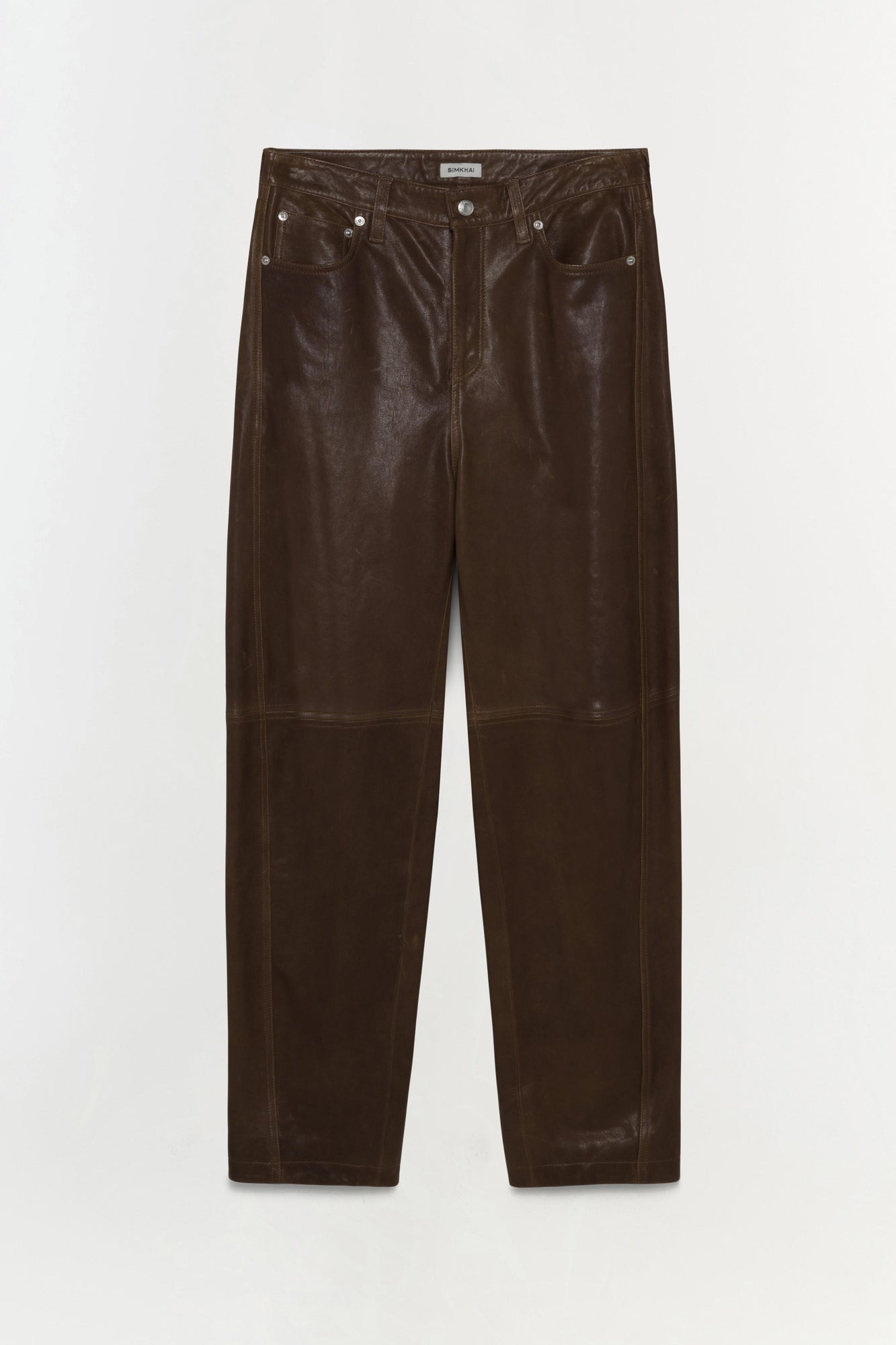 Dark brown leather pants with five-pocket styling, metal button closure, and straight legs with visible seaming.