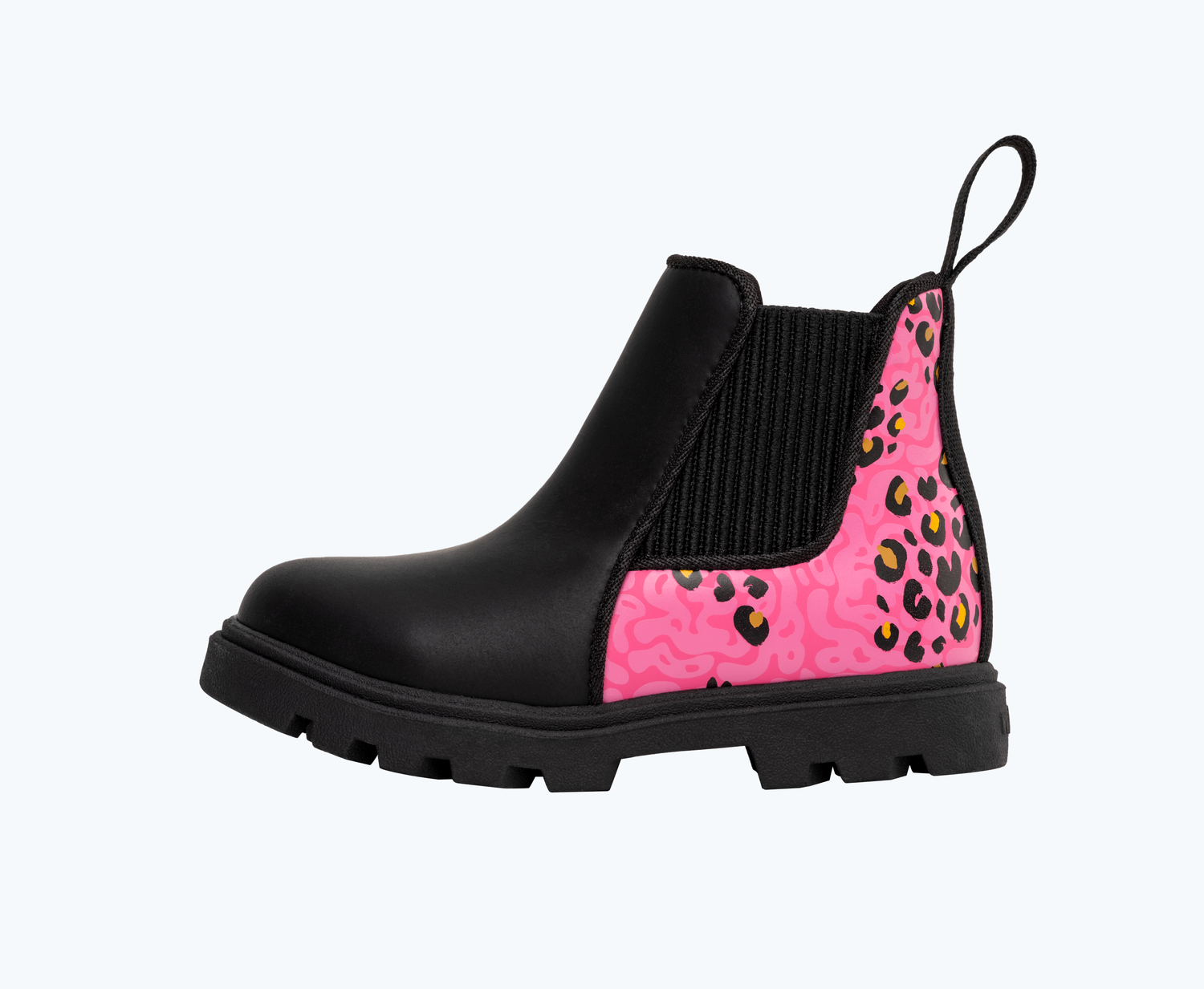 Side view of a Native Shoes Kids Kensington Treklite Print Kids | Jiffy Black/ Jiffy Black/ Hollywood Warped Cheetah Footwear