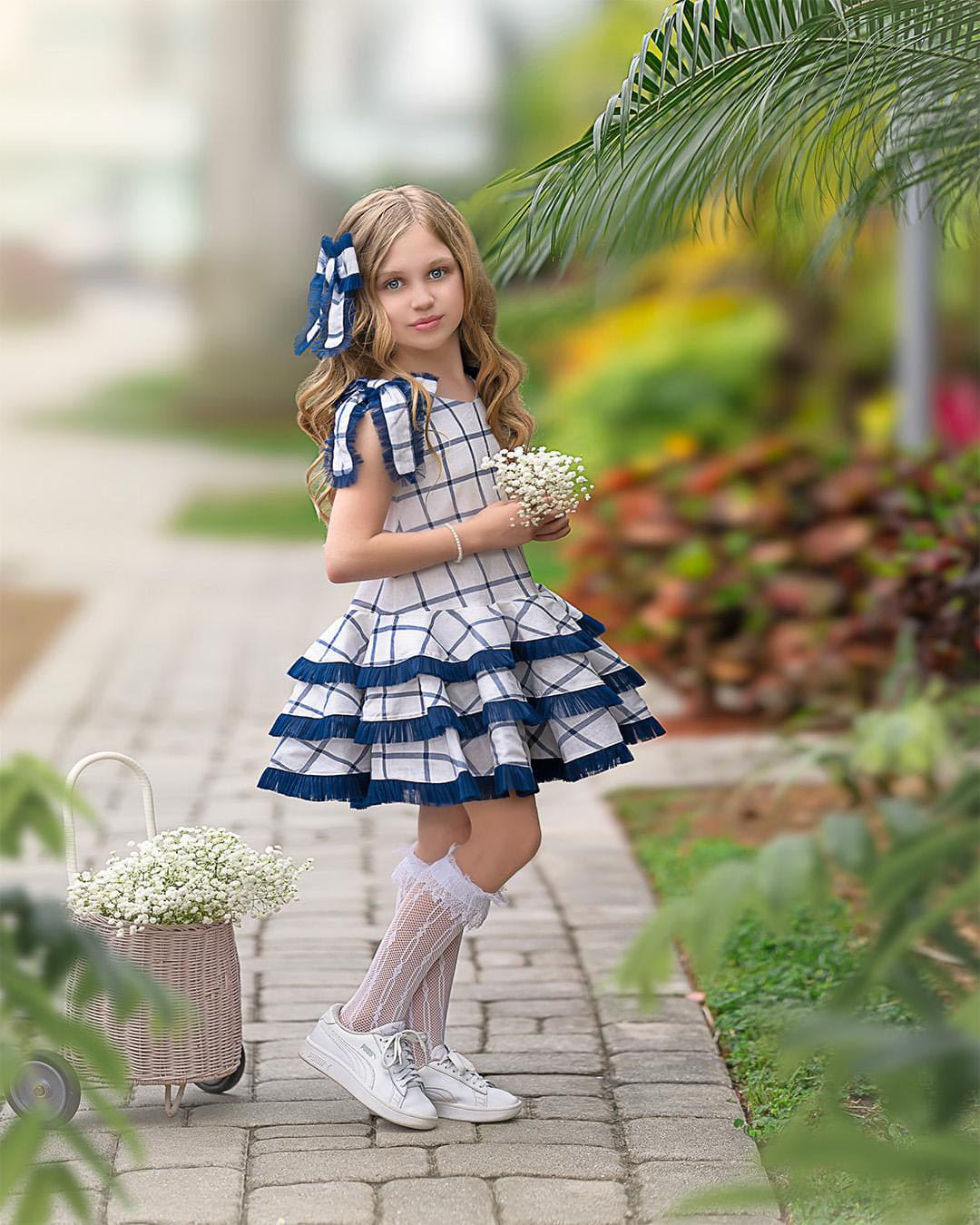 Baby Girls | Checkered Linen Tulle Dress | White x Blue