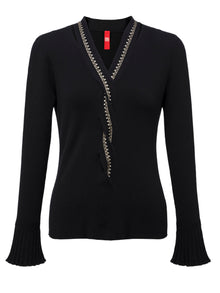 Wool Fit Long-Sleeves V-Neck Sweater Top | Black
