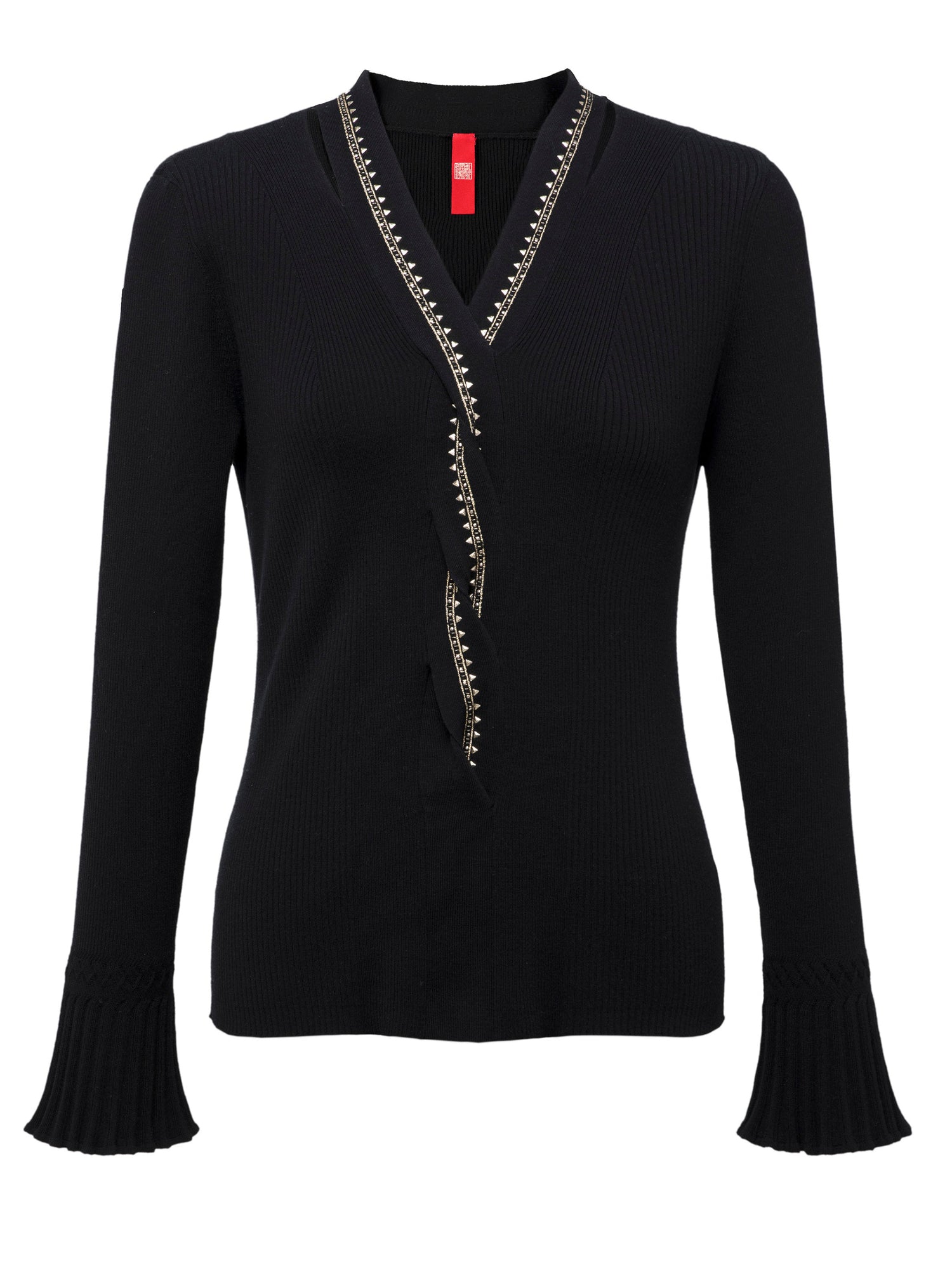 Wool Fit Long-Sleeves V-Neck Sweater Top | Black