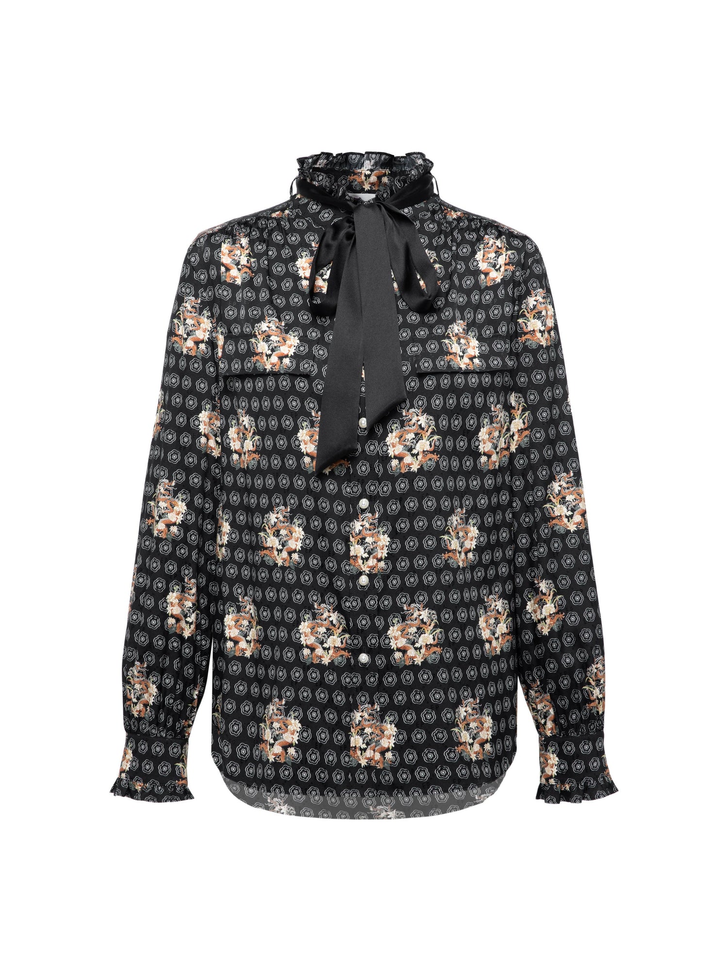 Bow High-Neck Printed Shirt | Black