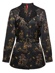 Silky Printed Belted Blouse | Black
