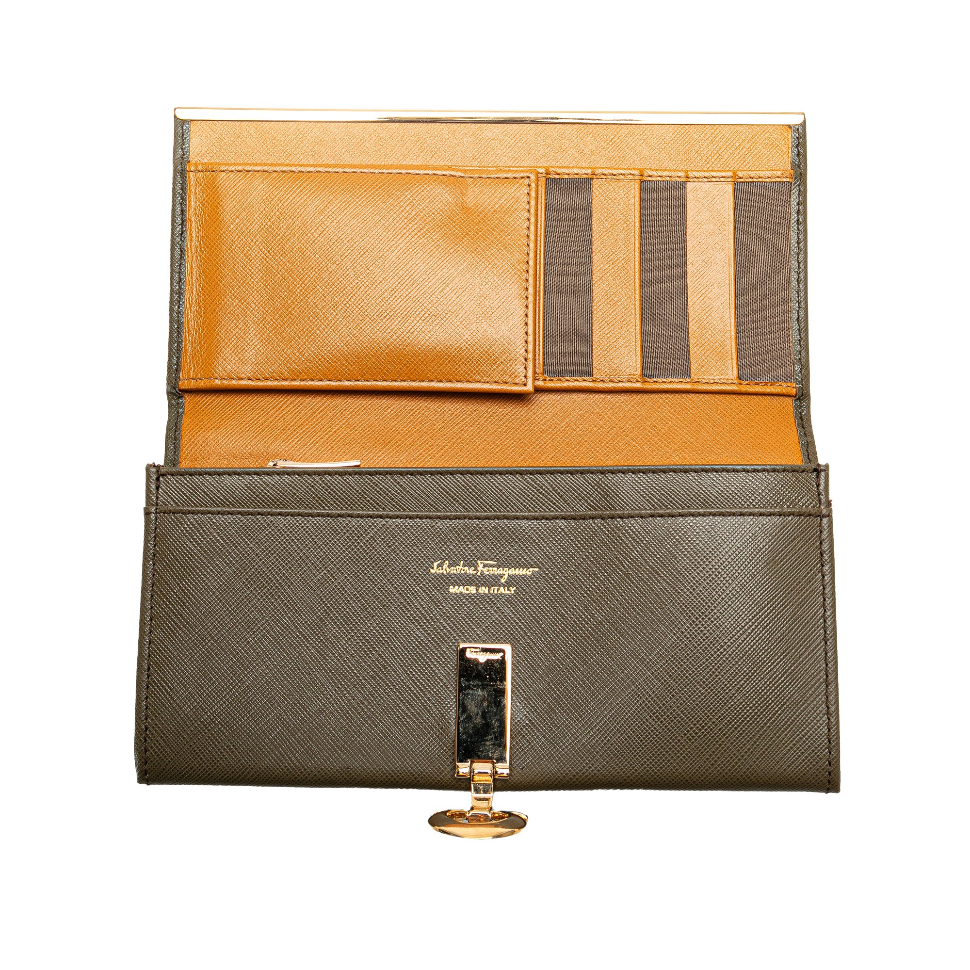 Ferragamo | Pre-Owned Gancini Leather Long Wallet | Brown