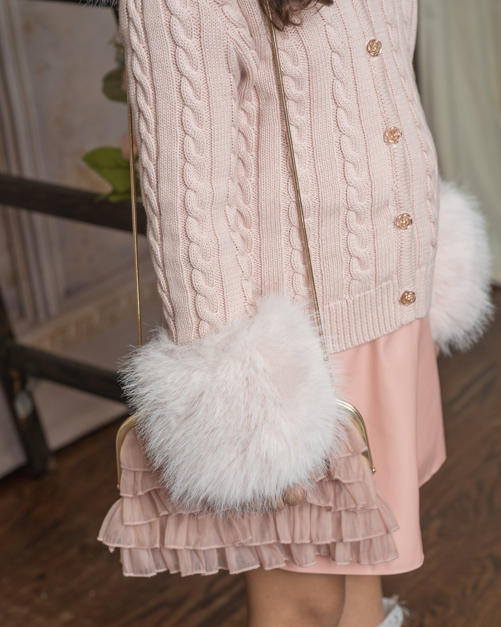 Baby Girls | Cableknit Faux Fur Cotton Cardigan | Pink