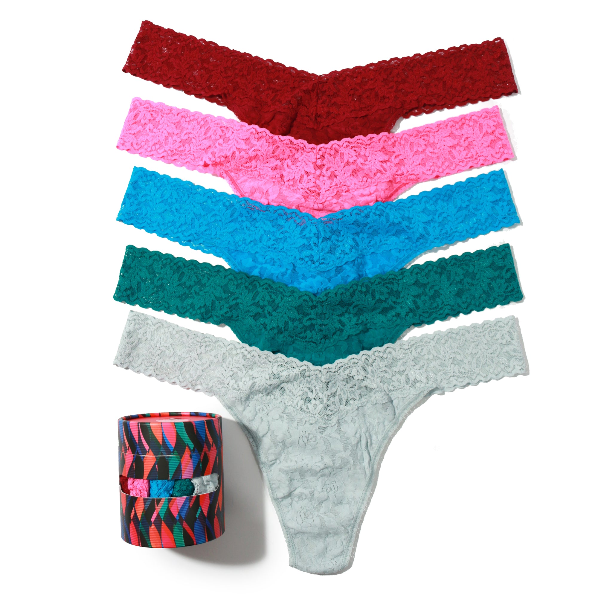 5-Pack Plus Size Signature Lace Original Rise Thong | Dark Pomegranate/Fiesta Pink/Fiji Blue/Dark Teal/Pearl Grey