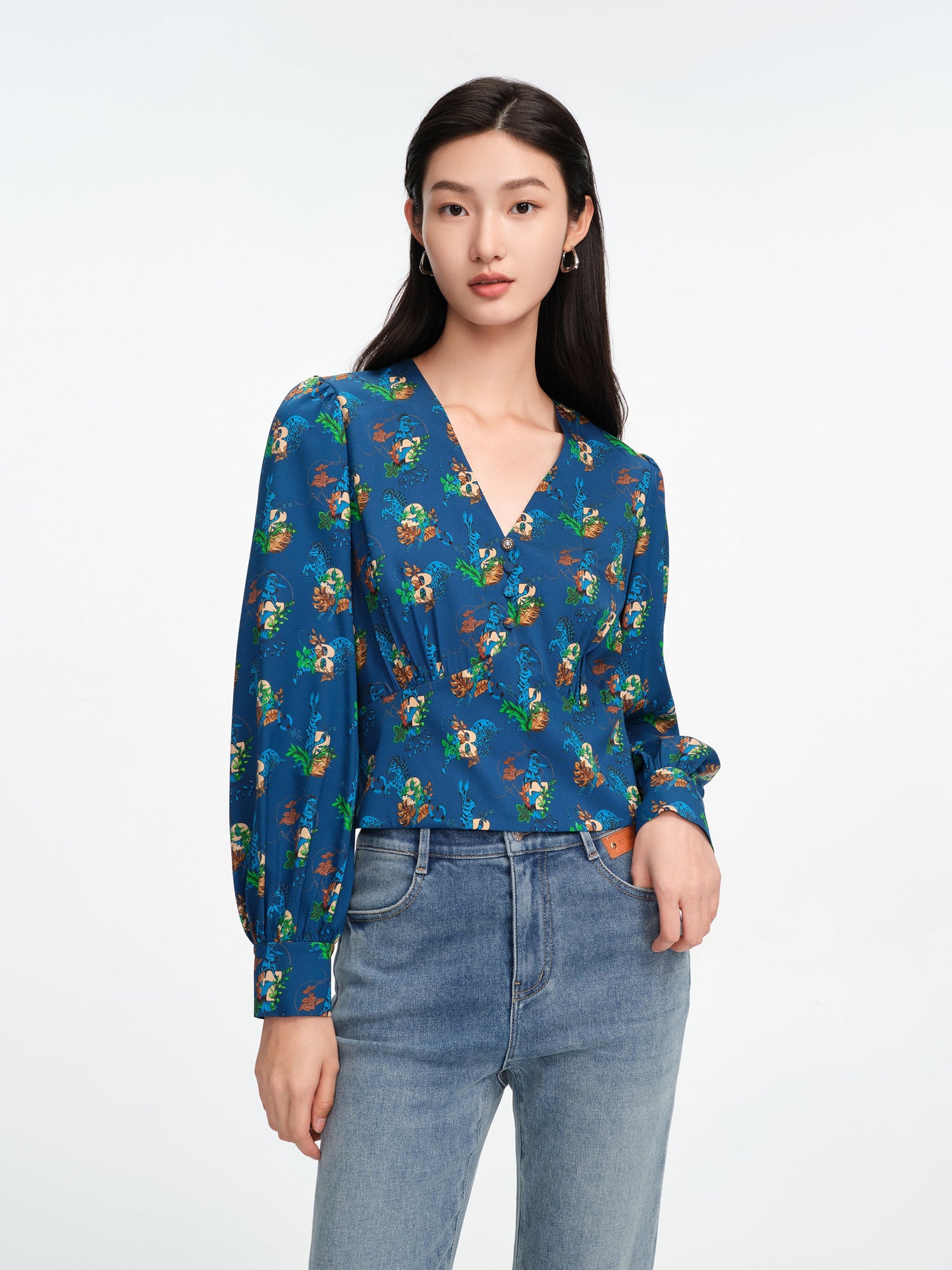 Mulberry Silk Printed Blouse | Blue