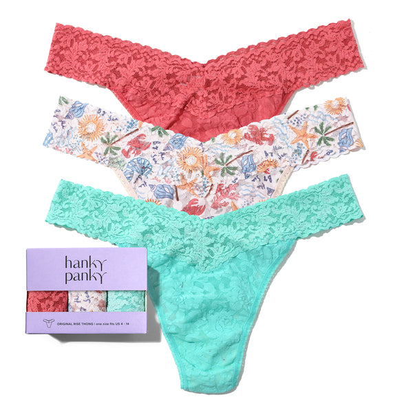 3-Pack Signature Lace Original Rise Thongs | Naples (Red) - By The Sea (Beige) - Sea You Later (Green)