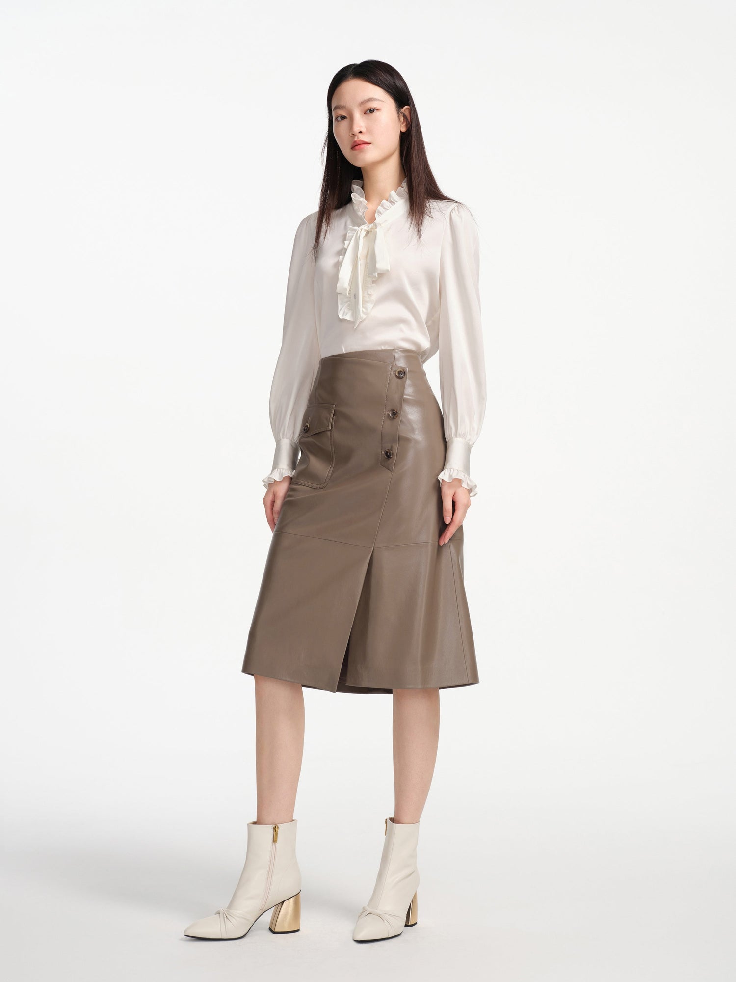 Nappa Wrap Skirt With Buttons | Brown