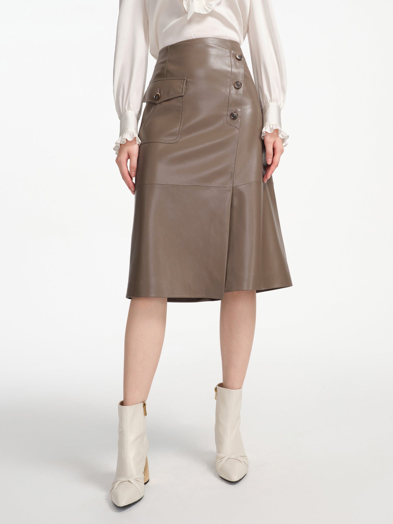 Nappa Wrap Skirt With Buttons | Brown