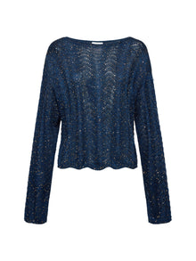 Sequin Embroidery Designer Cropped Knit Top | Navy