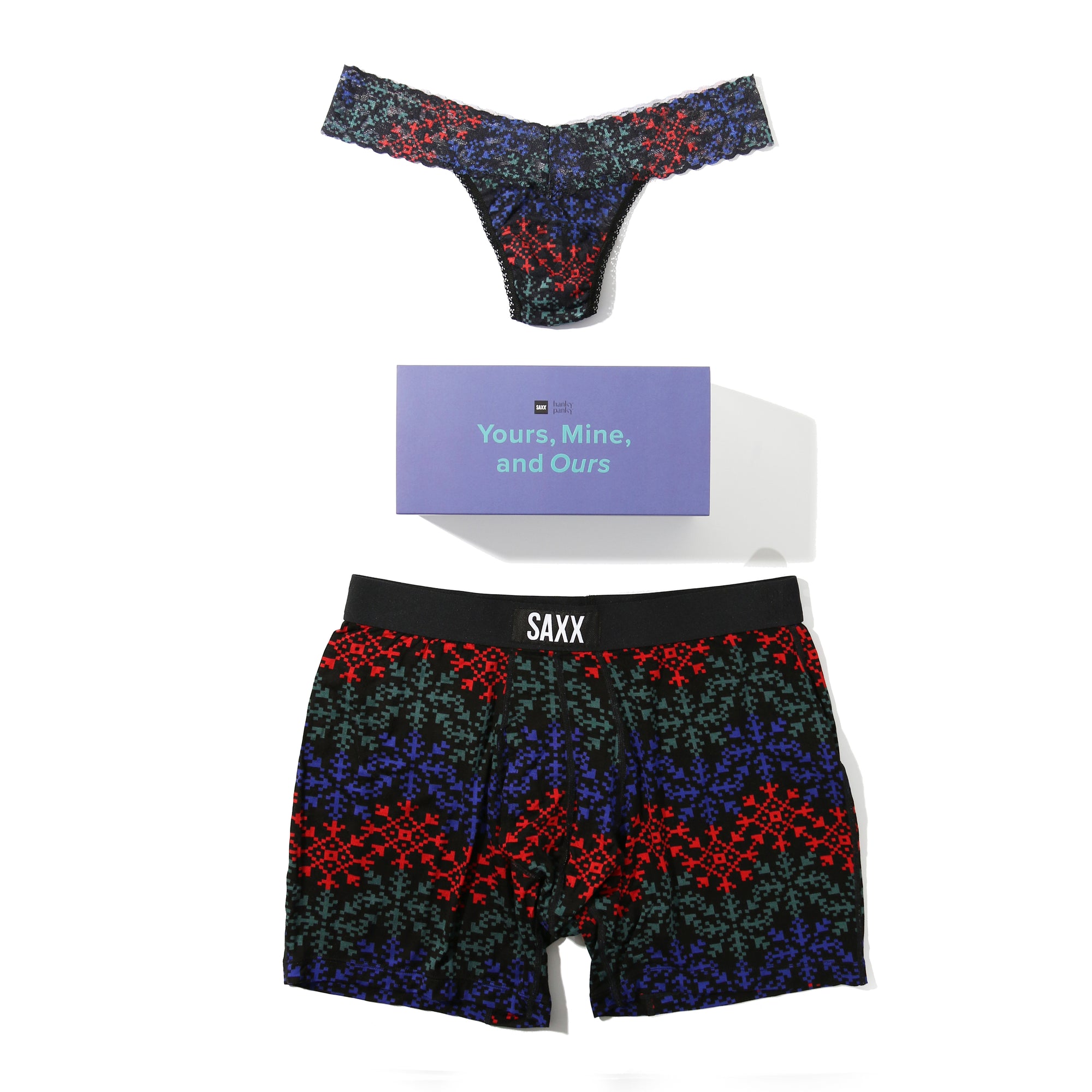 Sinature Lace Low Rise Thong & Saxx Boxer Brief | Snow Flake Chevron (Black)