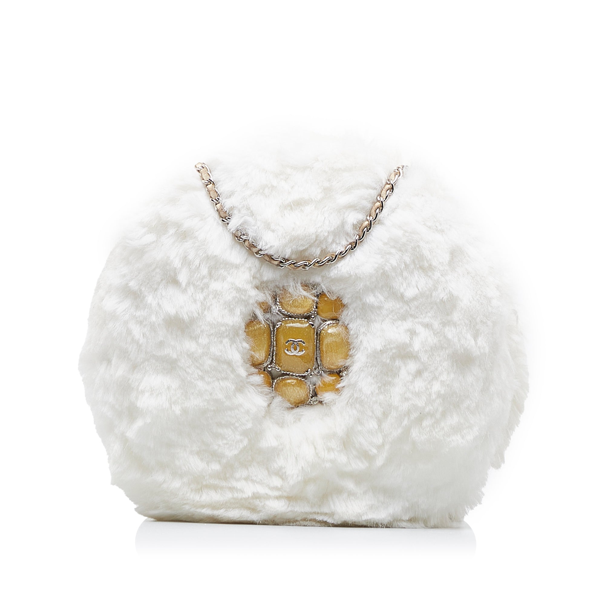 Chanel | Pre-Owned CC Crystal Embellished Faux Fur Round Crossbody | White