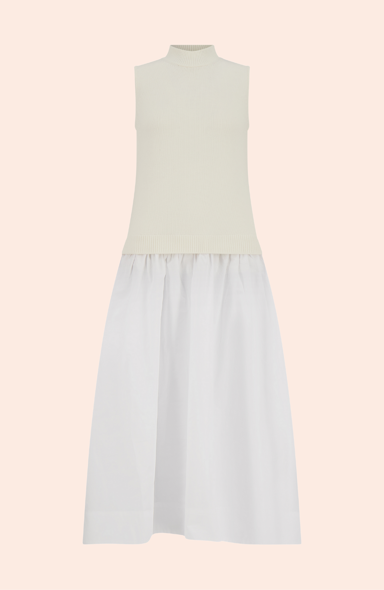 Poplin Combo Midi Knit Dress | Bone