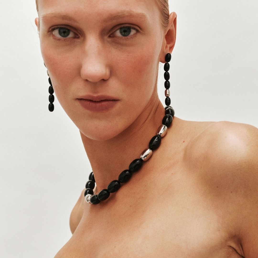 Edith Earrings | Silver PVD Plated Stainless Steel/Black Resin Beads