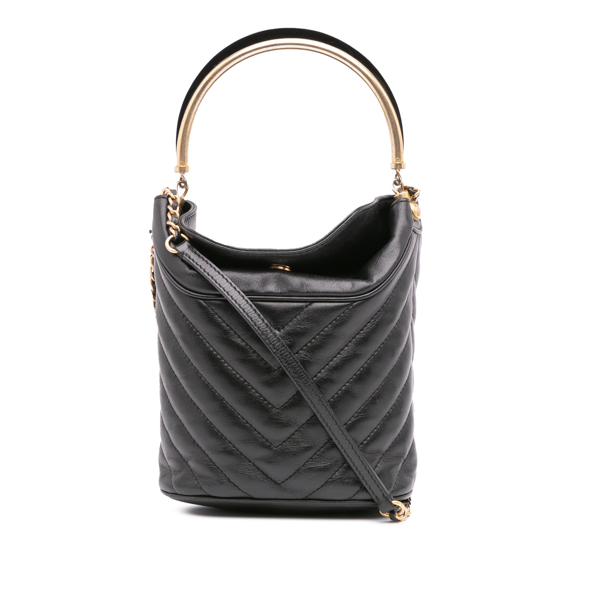 Chanel | Pre-Owned Quilted Chevron Lambskin Handle with Chic Bucket Bag | Black