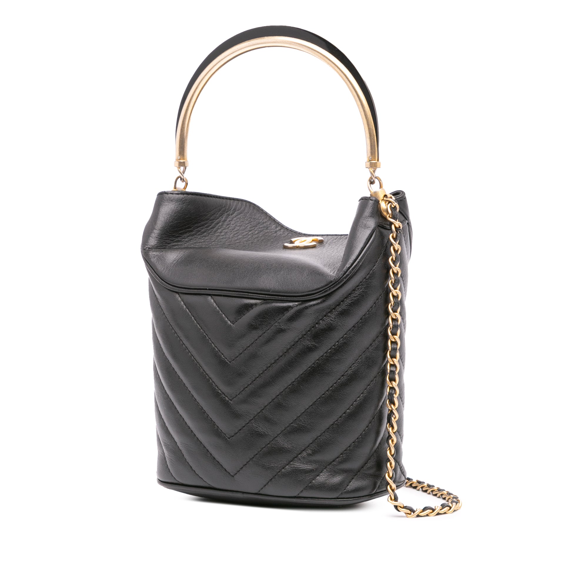 Chanel | Pre-Owned Quilted Chevron Lambskin Handle with Chic Bucket Bag | Black