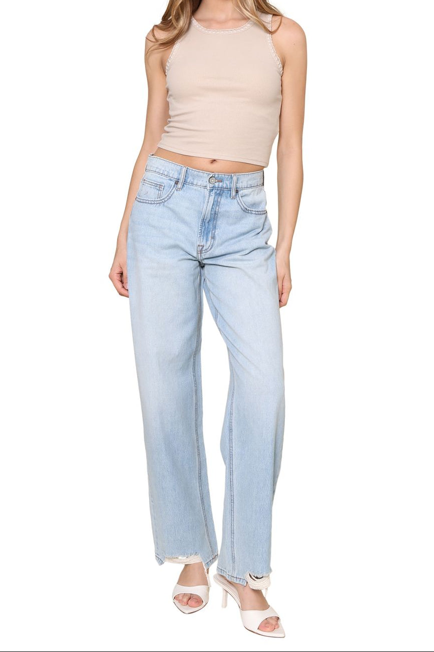 Hidden | Medium Light Wash Distressed High Rise Straight | Blue