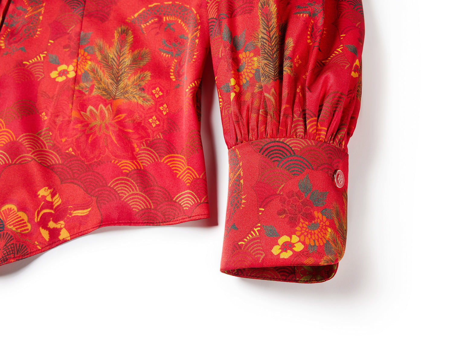 Chinese-Style Printed Belted Blouse | Red