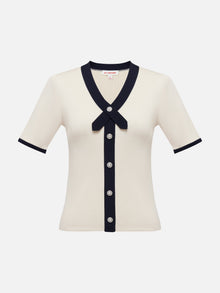 Short-Sleeved Color Block Knit Cardigan | Beige