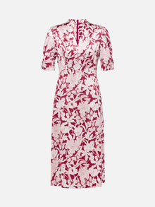 Silk Printed Waist-Cinched Dress | Red