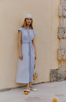 Striped Cotton Poplin Smocked Midi Dress | Cloud