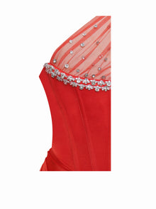 Scarlet Crystal Embellished Mesh Satin Corset Gown | Red Floral