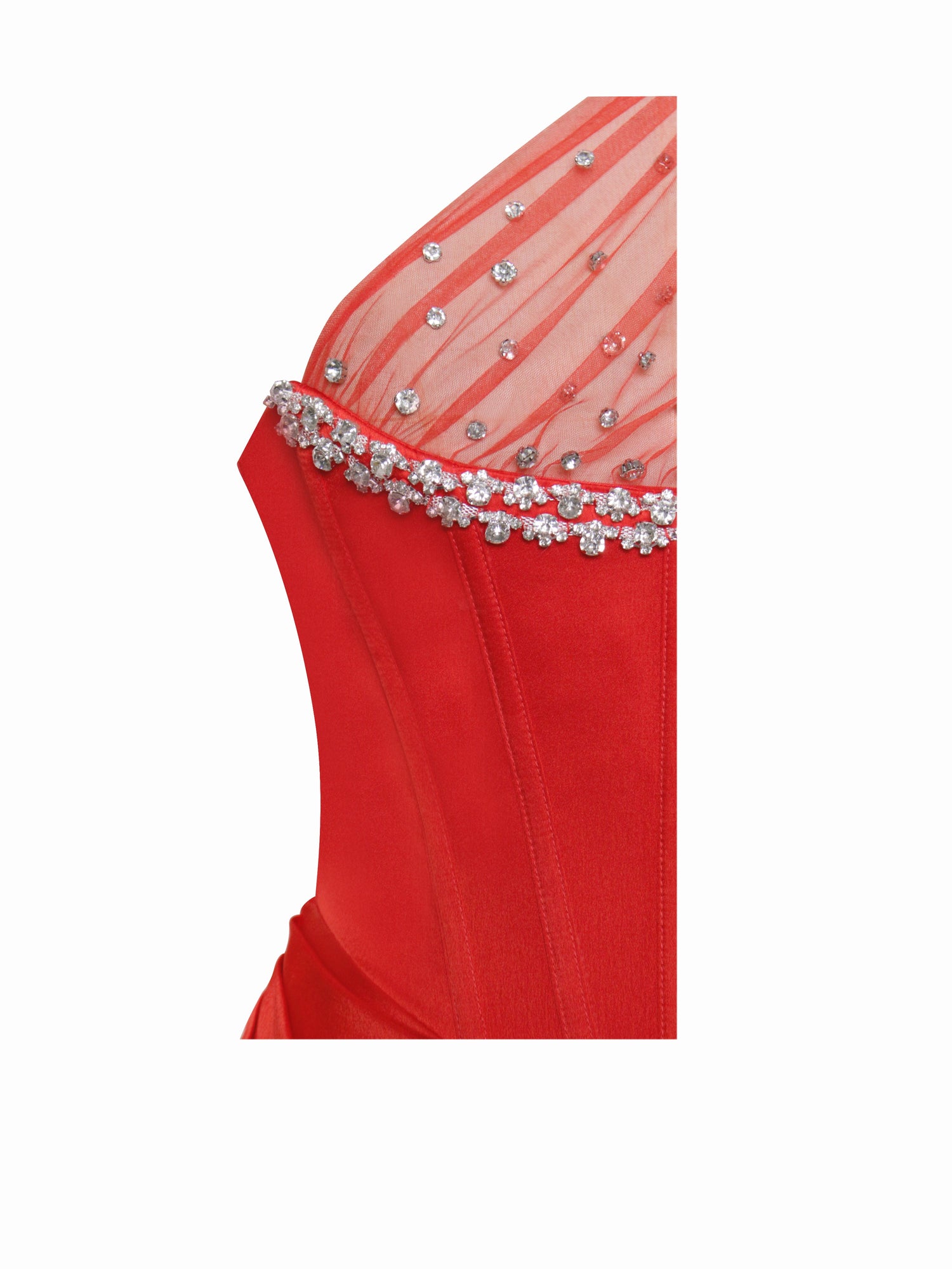 Scarlet Crystal Embellished Mesh Satin Corset Gown | Red Floral