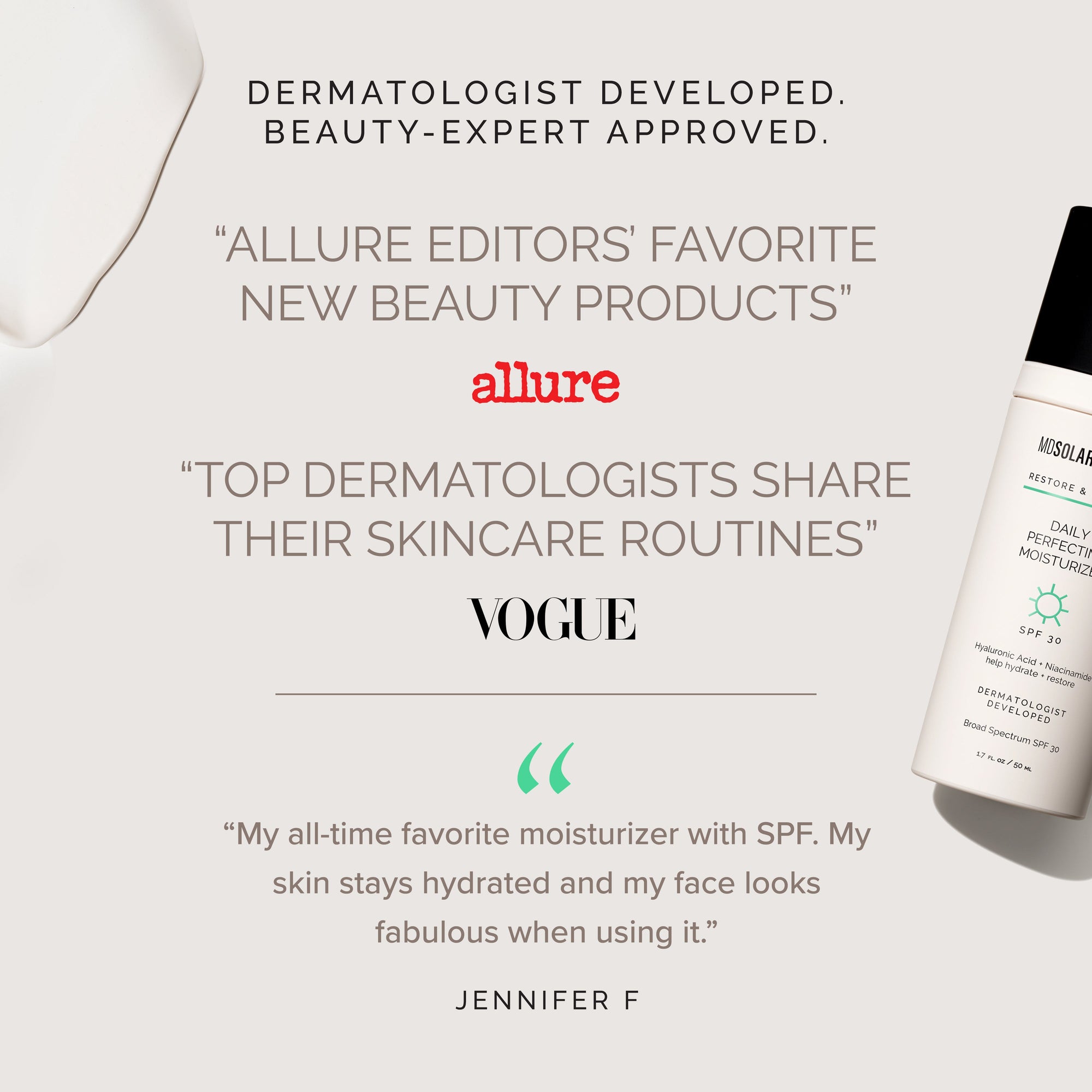 Skincare product with text about dermatologist approval and beauty editor recommendations