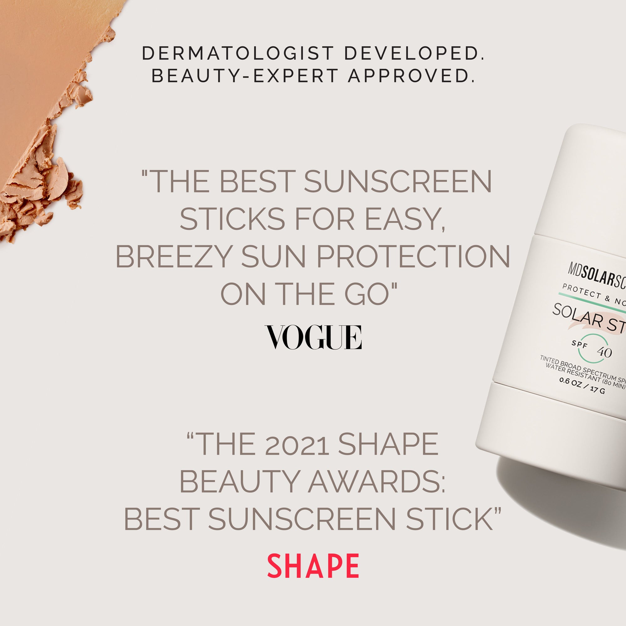 Sunscreen stick with text highlighting dermatologist approval and awards