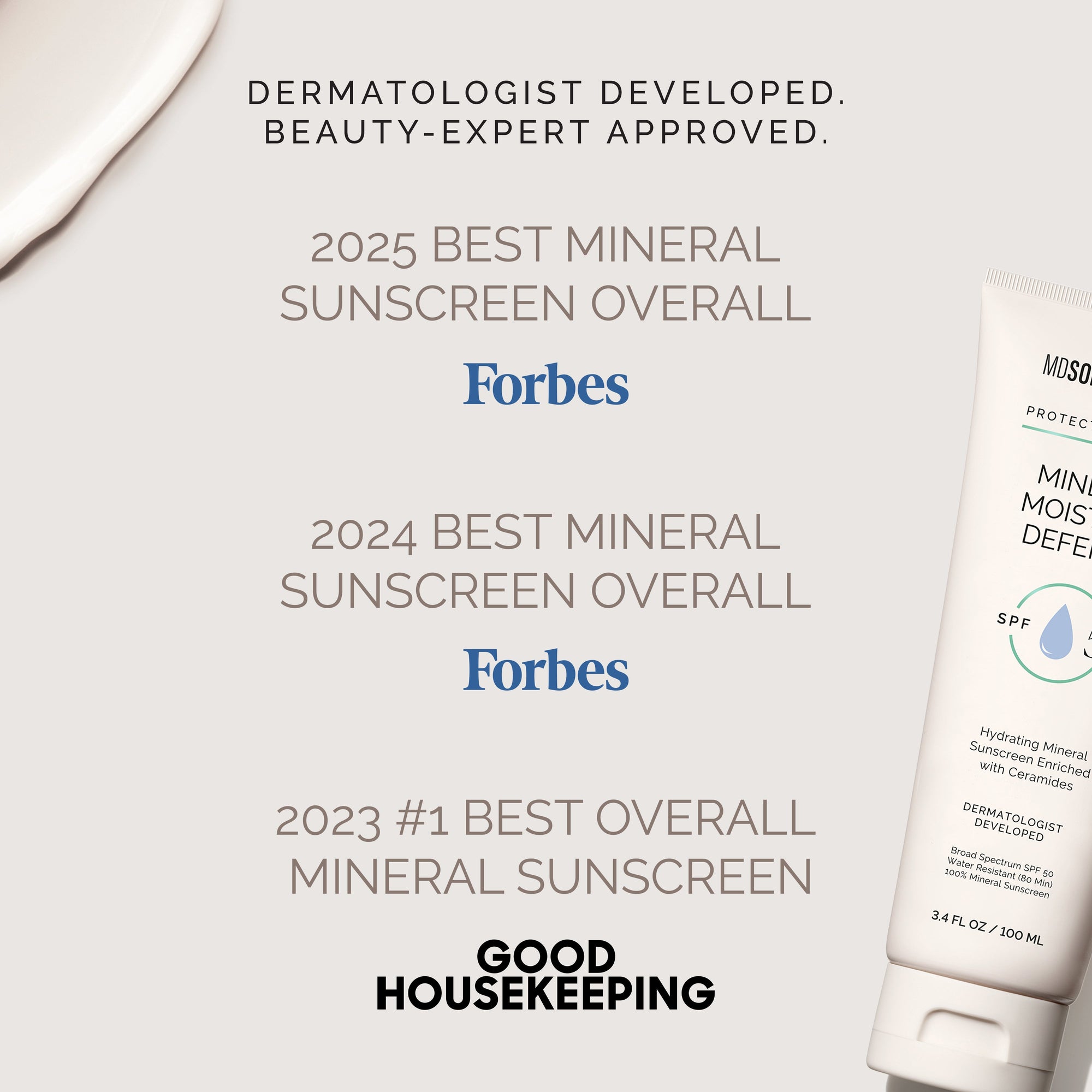 Sunscreen bottle with awards text