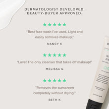Product with dermatologist-developed and beauty-buyer-approved text, featuring product reviews and a bottle.