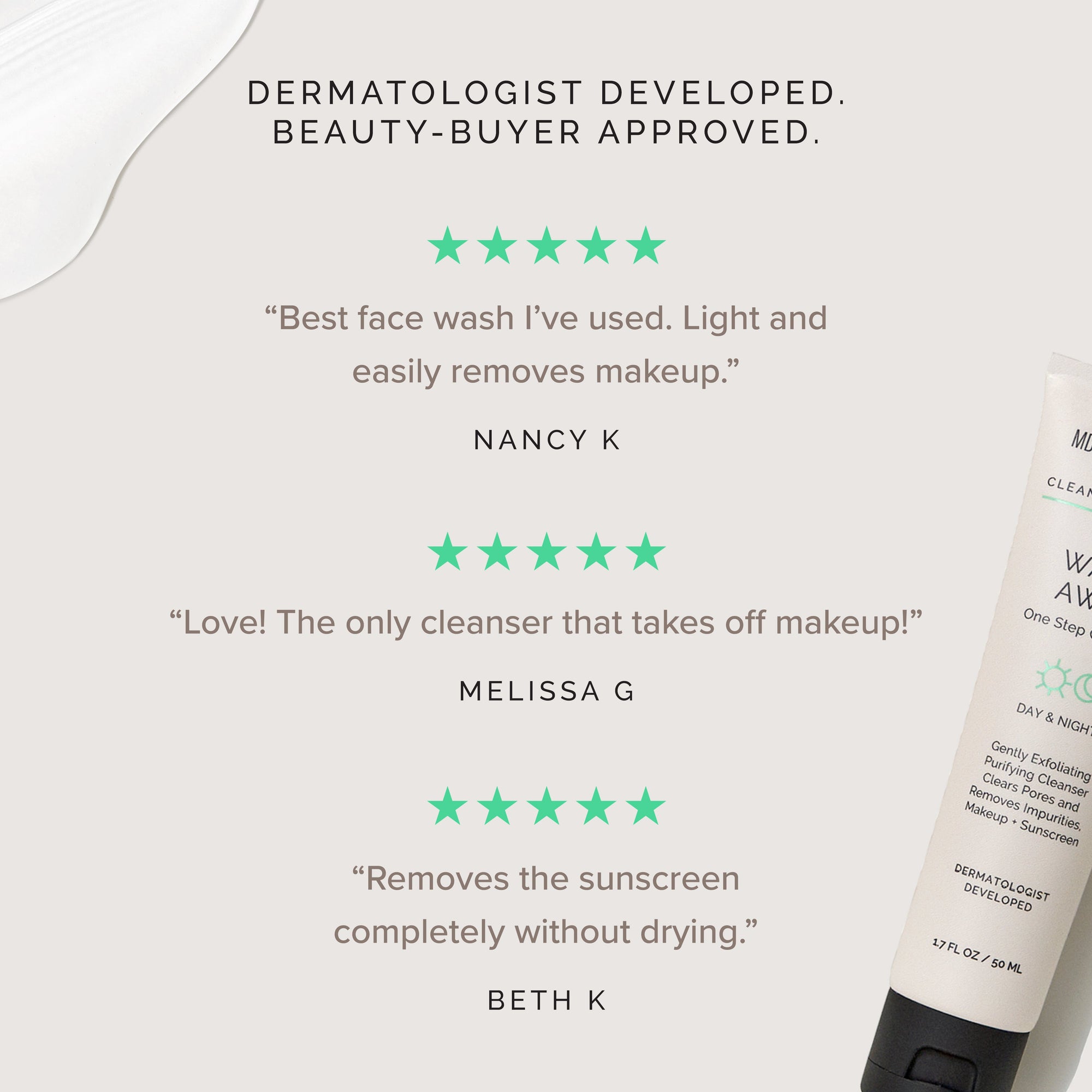 Product with dermatologist-developed and beauty-buyer-approved text, featuring product reviews and a bottle.