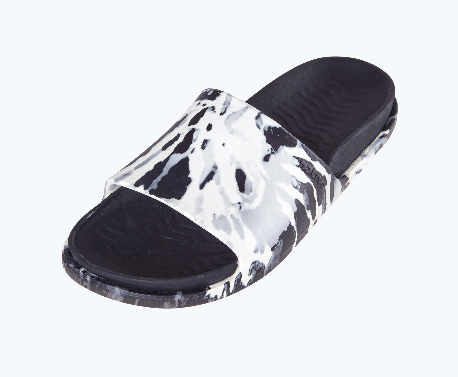 Angled view of a Native Shoes Spencer Lx Print | Shell White/ Jiffy Black/ Grey Tie Dye Footwear