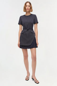 Navy pinstriped mini dress with short sleeves, belted waist, side pockets, and pleated skirt hem.