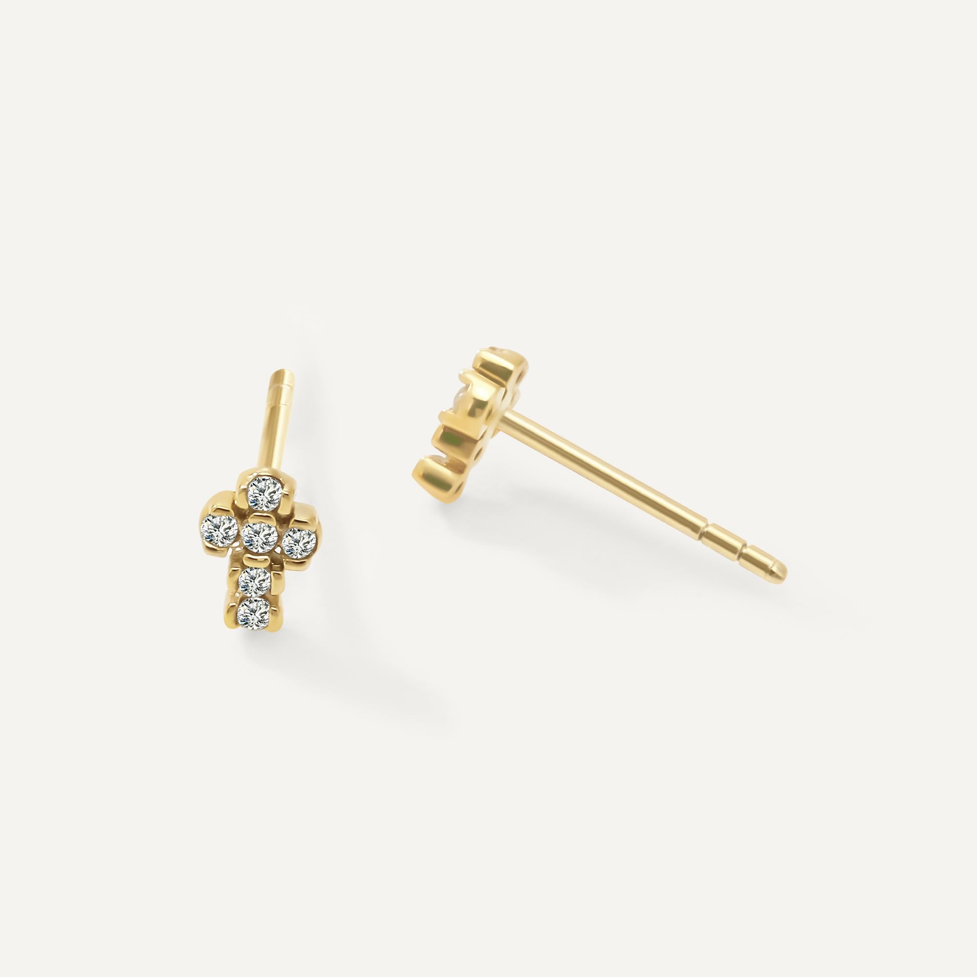 Womens | 0.07 CT Round Cut Lab Grown Accent Diamond | Cross Stud Earrings | 14K Yellow Gold Plated Silver | G-SI