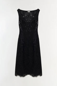 Black sleeveless sequin lace midi dress with scalloped hem and ornate neckline detail.