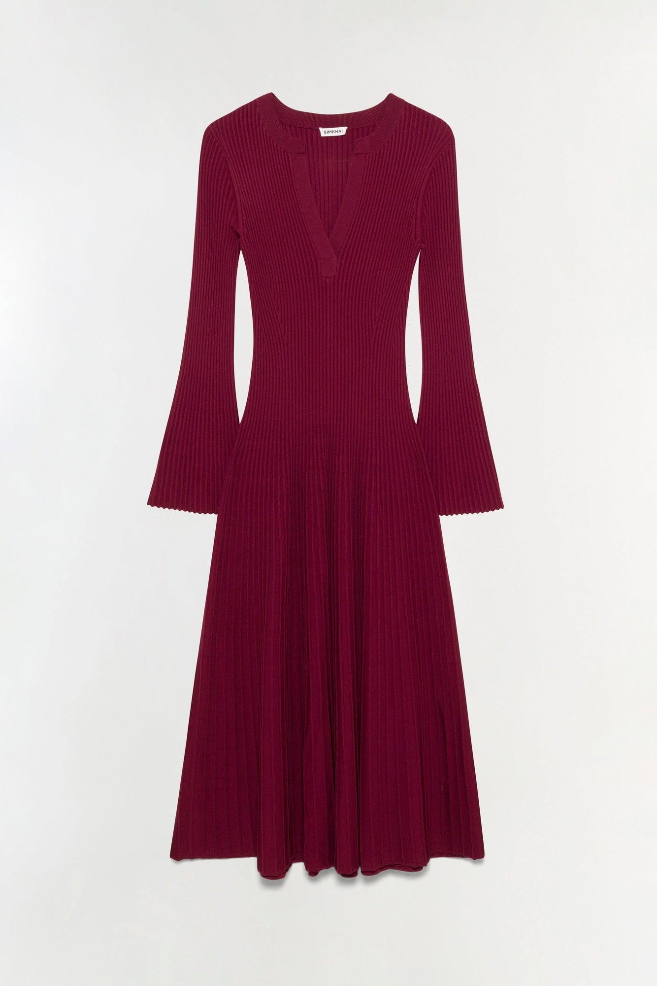 Burgundy ribbed knit midi dress with V-neckline and flared long sleeves.